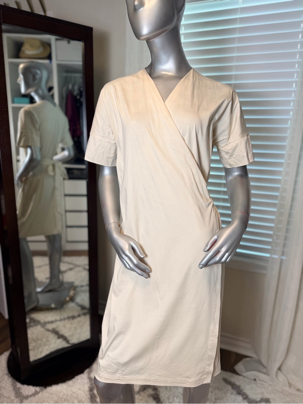 Filippa K Wrap Dress Medium Ivory 100% Cotton Short Sleeve Minimalist Midi